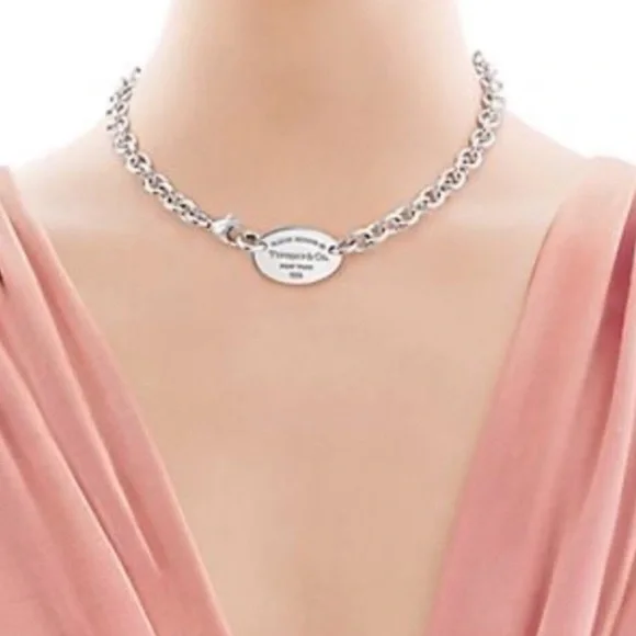 Tiffany & Co Return to Tiffany Oval Tag Choker Necklace Sterling Silver Gift Box - Picture 13 of 14